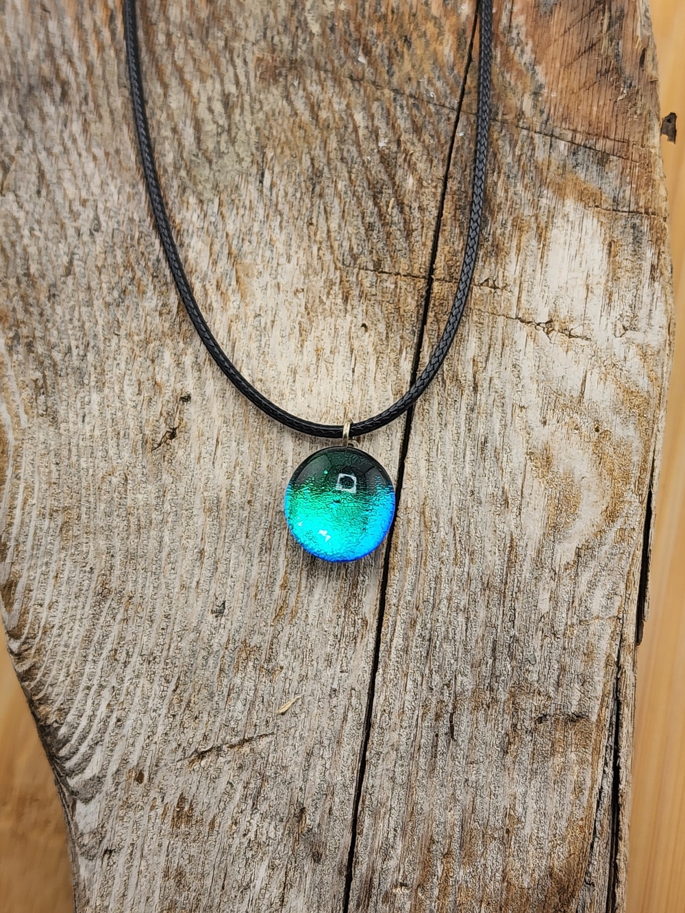 18in Adjustable Handmade Green-Blue Dichroic Glass Pendant Necklace